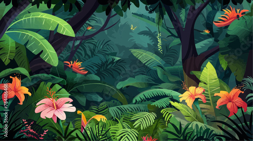 Vector Jungle Background with Flowers