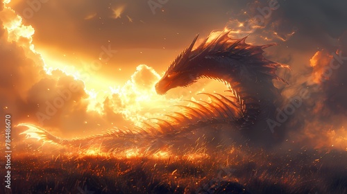 A dragon's silhouette framed by a burst of sunlight, creating a dramatic contrast against the darkened sky