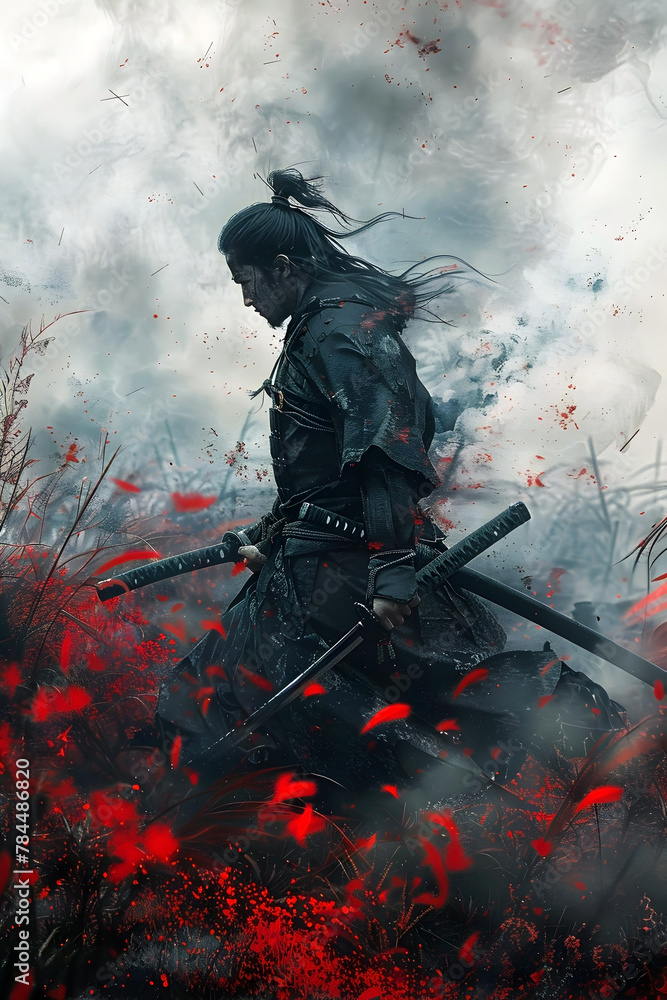 Naklejka premium Solitary Samurai Confronts Undead Foes in Cinematic Watercolor Battle