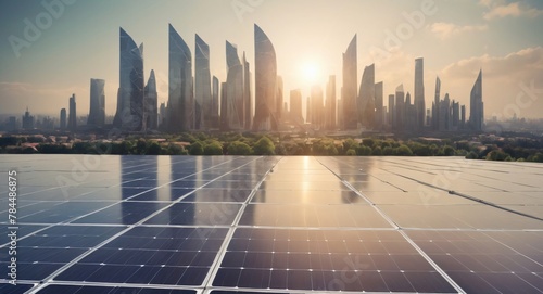 Solar panels and the modern city skyline, renewable energy and eco-friendly future