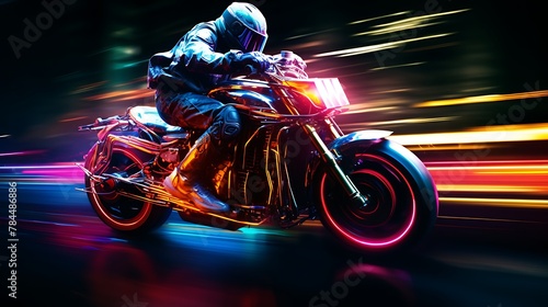 Motorcyclist riding a motorcycle with neon lights on a dark background