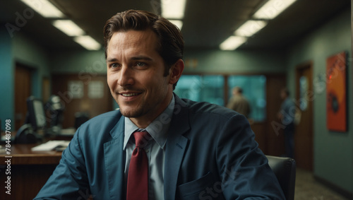 Smiling handsome Caucasian Business man sitting in the office, having interview conversation wearing red tie and blue suit