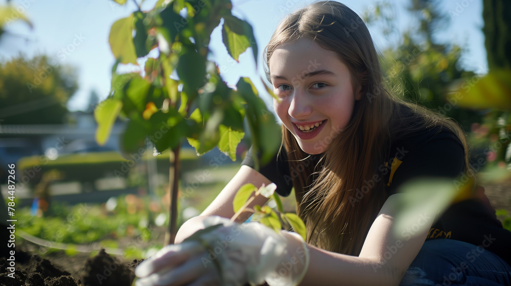 Fototapeta premium Young girl planting trees.