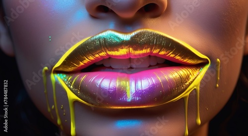 Female lips in gold paint close-up