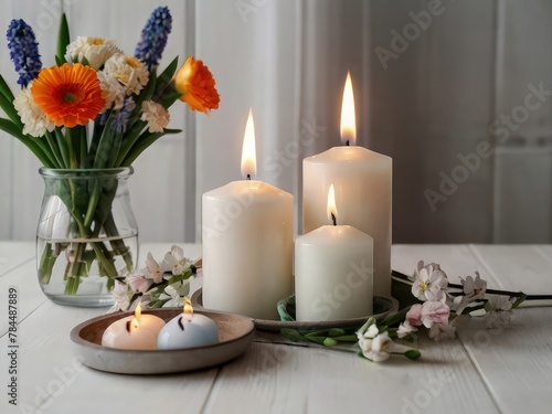  A tranquil setting of a candle burning beside a vase of white flowers, their serene presence enhancing the peacefulness 