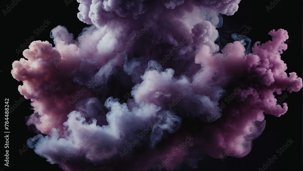 Illustration of lilac and mauve fluffy pastel ink smoke cloud against a black background. - obrazy, fototapety, plakaty 