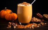 Pumpkin smoothie with granola and nuts in a glass