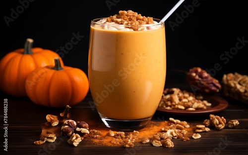 Pumpkin smoothie with granola and nuts in a glass