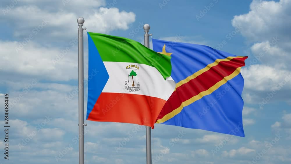 Democratic Republic of the Congo and Equatorial Guinea two flags waving together, looped video, two country relations concept Democratic Republic of the Congo and Equatorial Guinea two flags waving together, looped video, two country relations concept