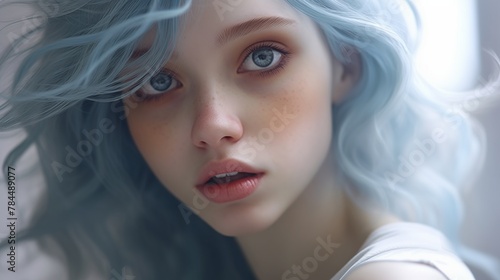 portrait of a woman. A surreal scene crafted with realism in mind, featuring an ugly girl with light gray eyes and blue hair