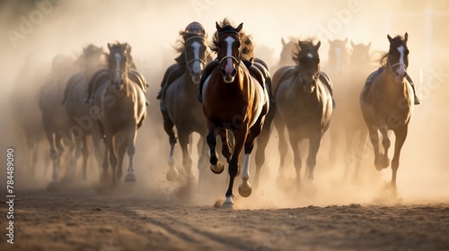 Dust kicks up behind a pack of Thoroughbreds as they gallop neck and neck down the home stretch, each horse striving for the lead. photo