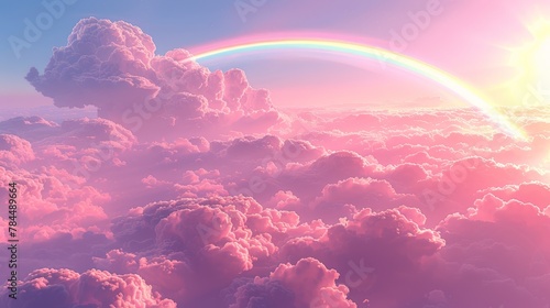  A rainbow in the sky with clouds - three distinct arcs of color forming a semi-circle against a backdrop of fluffy white clouds