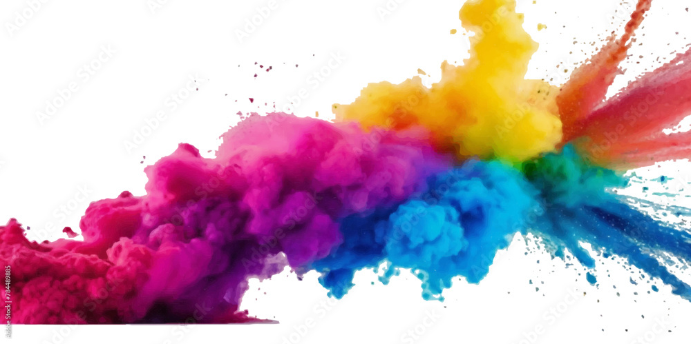 Colorful smoke rainbow painted holi fog festival background. Colorful rainbow paint color smoke cloud explosion isolated on transparent background.
