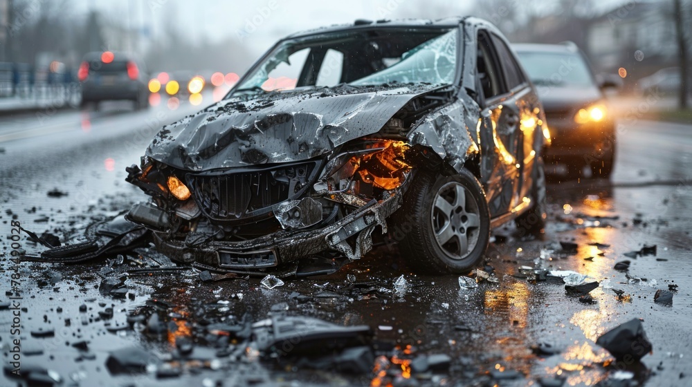 Broken car details the destruction caused by a traffic collision on the road