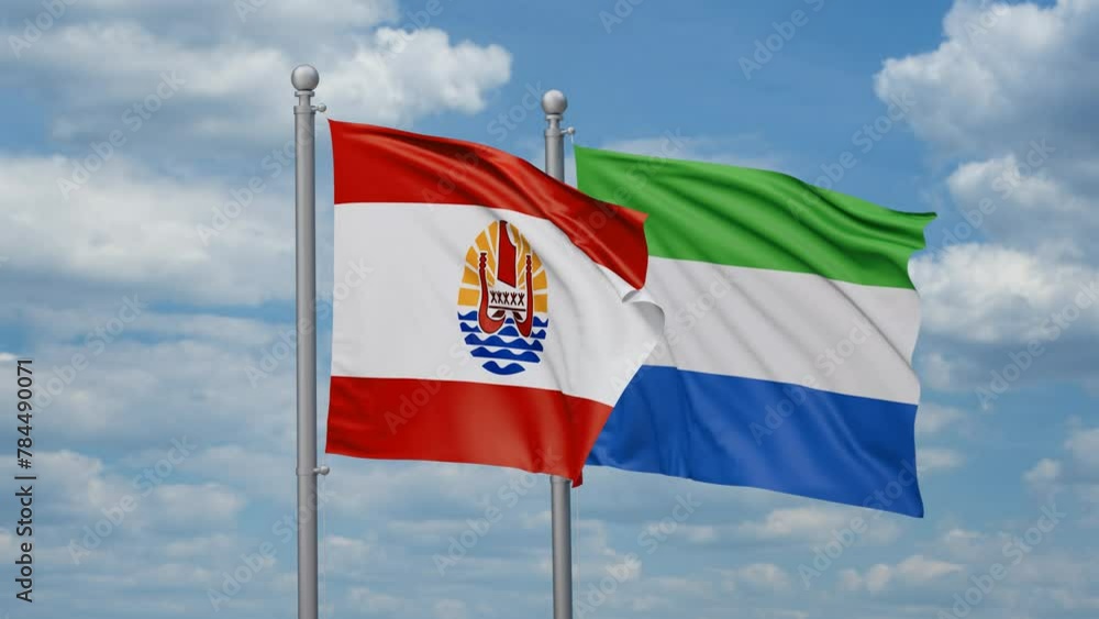 Sierra Leone or Salone and French Polynesia two flags waving together, looped video, two country cooperation concept Sierra Leone or Salone and French Polynesia two flags waving together, looped video, two country cooperation concept