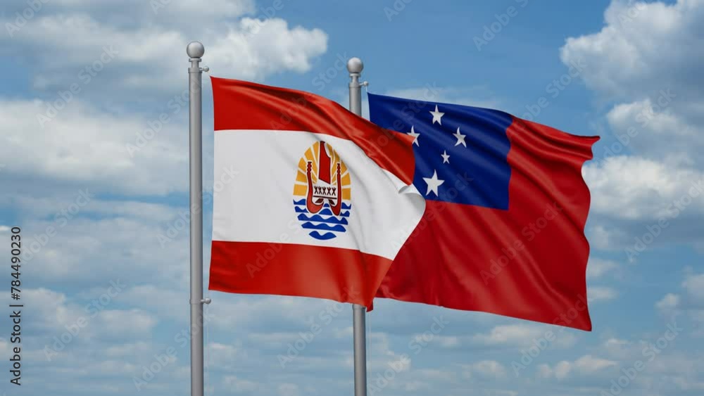 Samoa and French Polynesia two flags waving together, looped video, two country cooperation concept Samoa and French Polynesia two flags waving together, looped video, two country cooperation concept