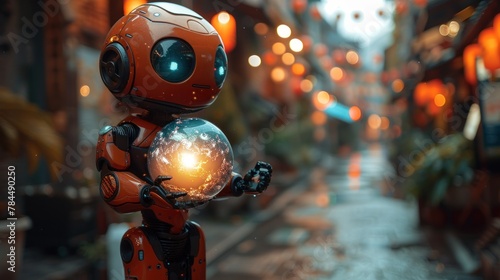 A cute little robot holding a miniature Earth glowing with life amidst a charming night street scene