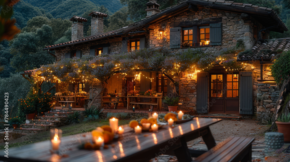   A table with candles, positioned in front of a house adorned with numerous exterior lights
