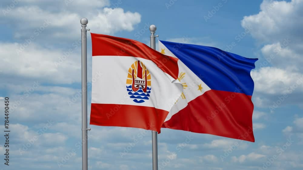 Philippines and French Polynesia two flags waving together, looped video, two country cooperation concept Philippines and French Polynesia two flags waving together, looped video, two country cooperation concept
