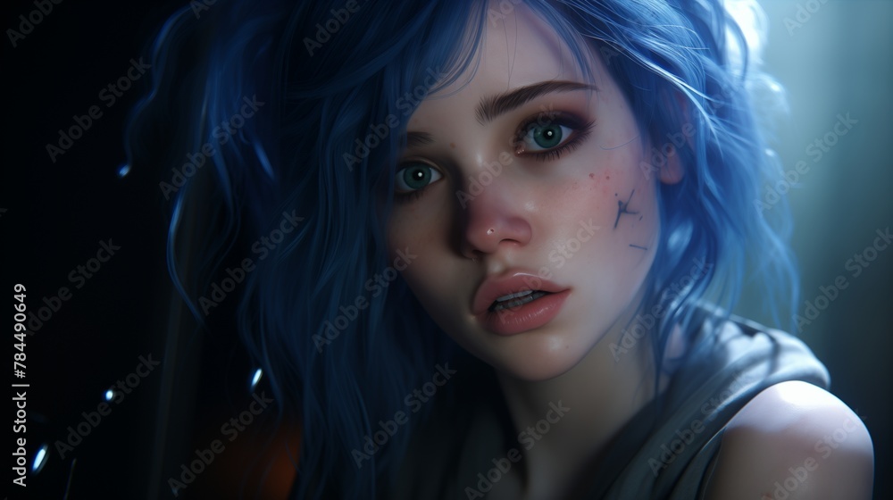 portrait of a woman. A surreal scene crafted with realism in mind, featuring an ugly girl with light gray eyes and blue hair

