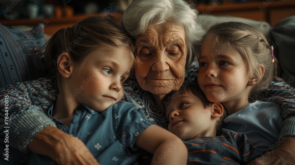 Grandmother and children hugging, spending time together at home. Love family, parenthood, childhood concept. Generative ai Grandmother and children hugging, spending time together at home. Love family, parenthood, childhood concept. Generative ai
