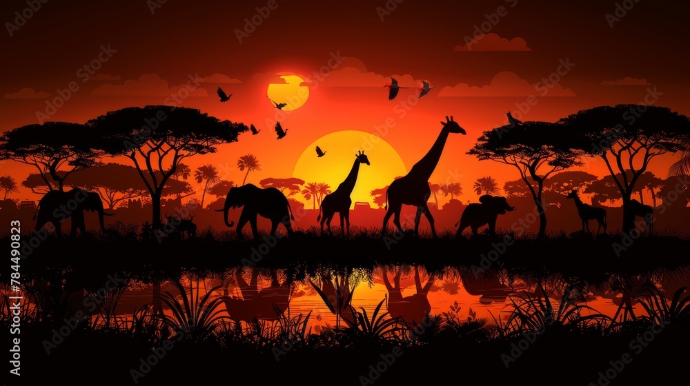   A group of giraffes stands next to one another, silhouetted against a sunset Birds fly overhead, above a tranquil body of water