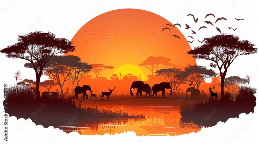   A collection of elephants congregate by a water source, surrounded by trees and avian life in the backdrop