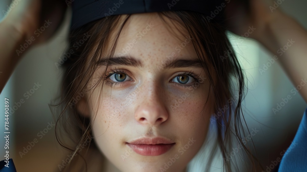 Fototapeta premium Beautiful young woman, graduate student putting on an authentic graduate hat. Happy student graduated from university college study. Generative ai