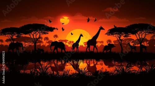  A group of giraffes stands next to one another, silhouetted against a sunset Birds fly overhead, above a tranquil body of water