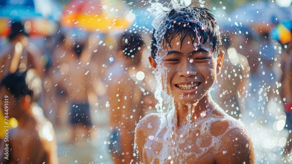 Obraz premium Maha Songkran, World Water Festival, Celebrate Thai New Year, Songkran day Thailand concept. Happy people splashing water. Generative ai