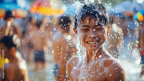 Maha Songkran  World Water Festival  Celebrate Thai New Year  Songkran day Thailand concept. Happy people splashing water. Generative ai