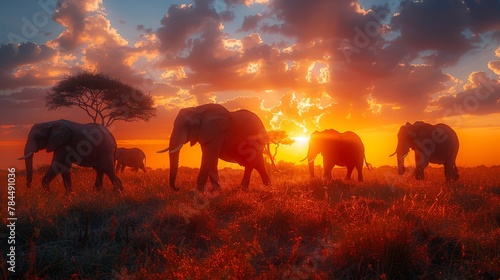  A herd of elephants atop a grass-covered field, beneath a cloudy sky, as the sun sets