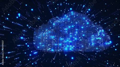 blue 3d digital cloud with glowing binary code digits, ai in cloud computing infrastructure, data storage and processing, machine learning algorithms, scalable computing resources applications. 