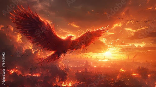 A mechanical phoenix rising from the ashes of a devastated landscape  its wings spread wide as it takes flight into the crimson sky