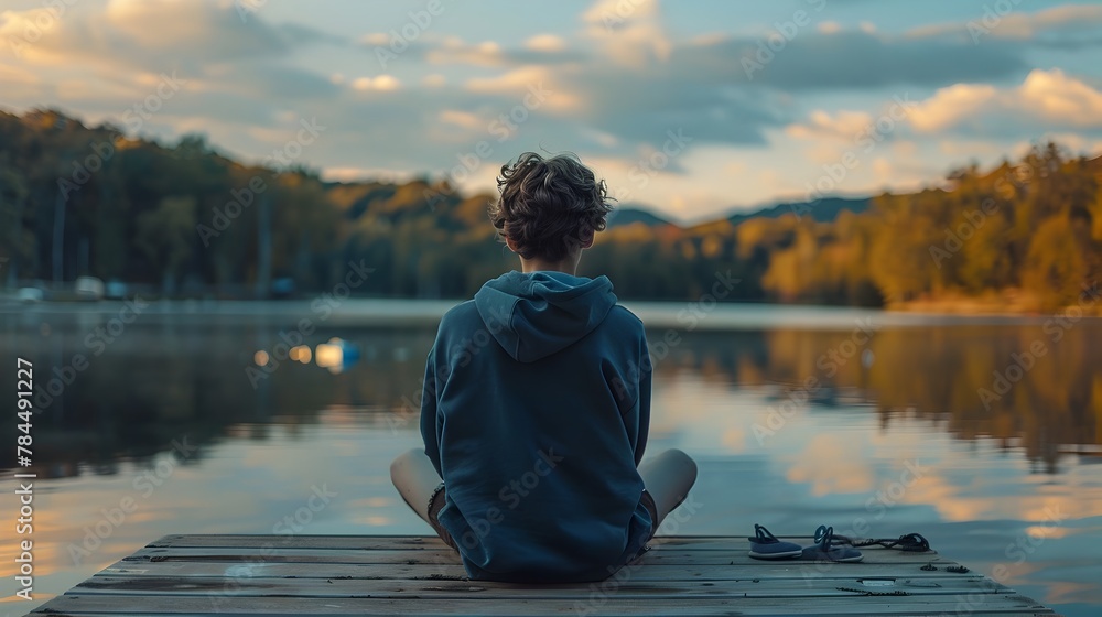 Teenage Boy Sitting on Dock Overlooking Serene Lake Surrounded by Autumn Foliage at Sunset