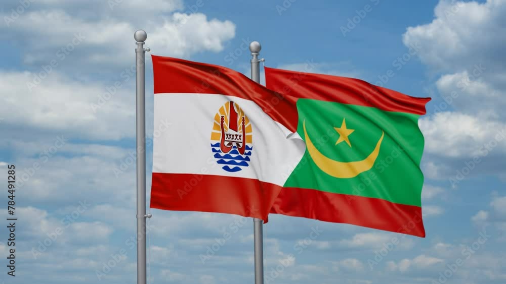 Mauritania and French Polynesia two flags waving together, looped video, two country cooperation concept Mauritania and French Polynesia two flags waving together, looped video, two country cooperation concept