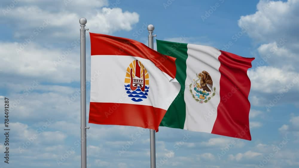 Mexico and French Polynesia two flags waving together, looped video, two country relations concept Mexico and French Polynesia two flags waving together, looped video, two country relations concept