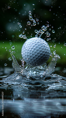 A golf ball makes a splash with water droplets frozen in time against a dark background