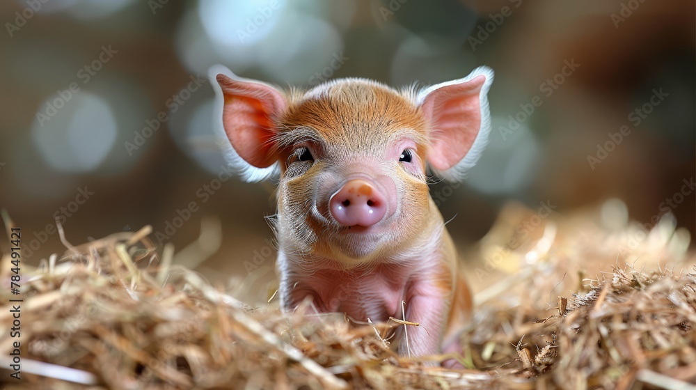 A small pig atop the first stack of dry grass, beside another stack of similar height A small pig atop the first stack of dry grass, beside another stack of similar height