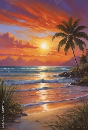 Sunset Serenade: Palm Trees Dancing on a Beautiful Beach in a Romantic Atmosphere
