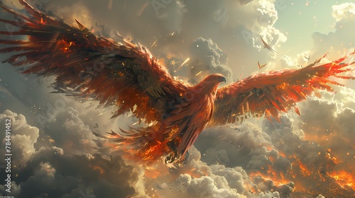 A mechanical phoenix rising from the ashes of a devastated landscape, its wings spread wide as it takes flight into the crimson sky