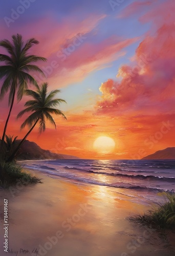 Sunset Serenade: Palm Trees Dancing on a Beautiful Beach in a Romantic Atmosphere        © Fantasy24
