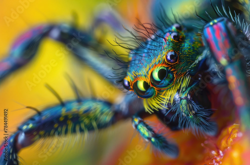 A closeup of the face and legs of an iridescent peacock spider, with vivid colors that reflect its surroundings
