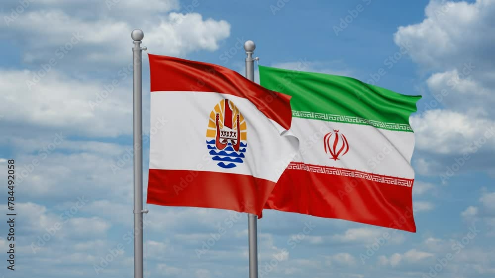 Iran and French Polynesia two flags waving together on blue sky, looped video Iran and French Polynesia two flags waving together on blue sky, looped video