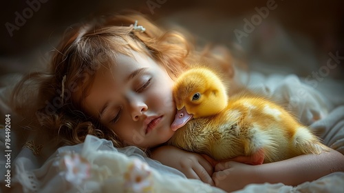  A little girl lies on a bed, holding a yellow duck Her head rests on a yellow duckling