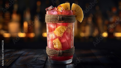  A tight shot of a drink through a straw in a glass, garnished with lemon wedges atop