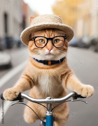 Whimsical Whiskers: Adorable Cat Cruising on a Bicycle, Sporting Glasses and a Stylish Hat