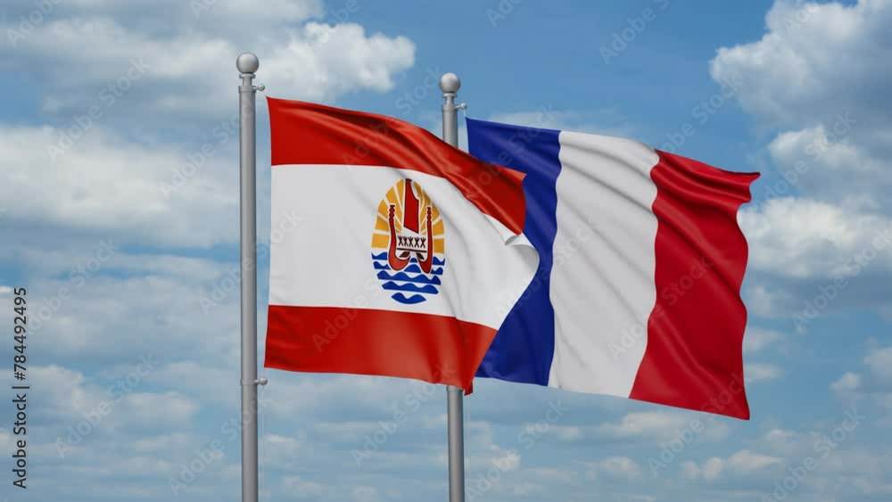 France and French Polynesia flags waving together, looped video, two country relations concept France and French Polynesia flags waving together, looped video, two country relations concept