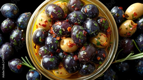   A tight shot of a bowled olives, adorned with a light dusting of seasoning atop