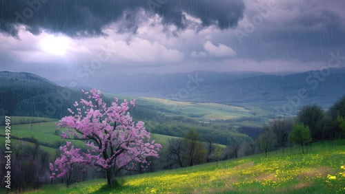 Spring cloudy landscape with rain and sun